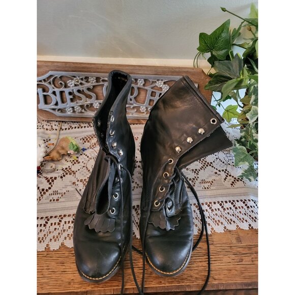 Vintage 90s Black Leather Lace Up Boot 7.5 Whimsygoth Goth Grunge Granny Prairie - Picture 3 of 7